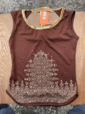 Brown Sleeveless Embellished Tank Top with Gold Trim